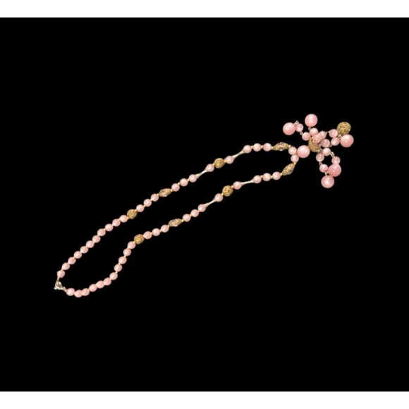 vintage Pink Beaded Necklace Gold Accents  Dangling Pendant 22 Lobster Clasp - Picture 4 of 9